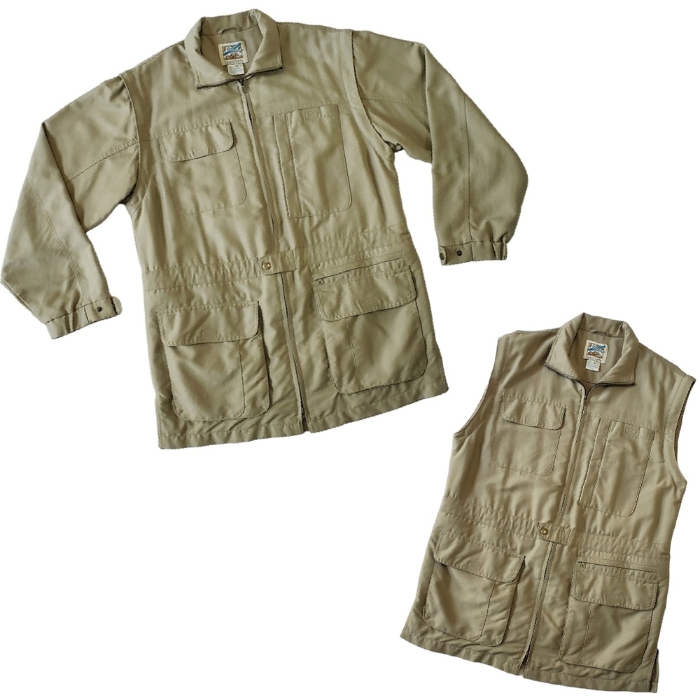 TravelSmith Canvas Fishing Jacket Mens Medium Removable Sleeves Vest Safari